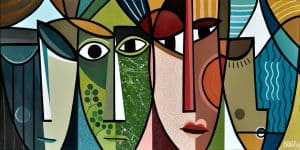 Farbenfrohes abstraktes Gemälde im kubistischen Stil, zeigt stilisierte Gesichter und Augen, inspiriert von moderner Kunst und Graffiti, als Kunstwerk für kreative Räume und Kunstliebhaber.